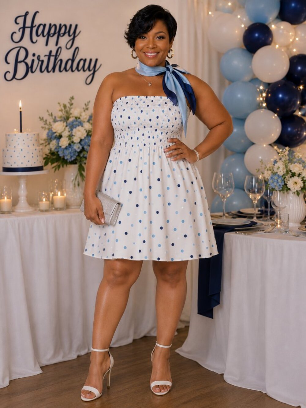 kenzie STRAPLESS White Dress with Light Blue and Navy Dot Detail